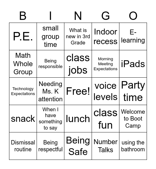 3rd Grade Bootcamp Bingo Card