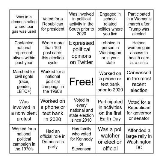 Act Blue Bingo Card