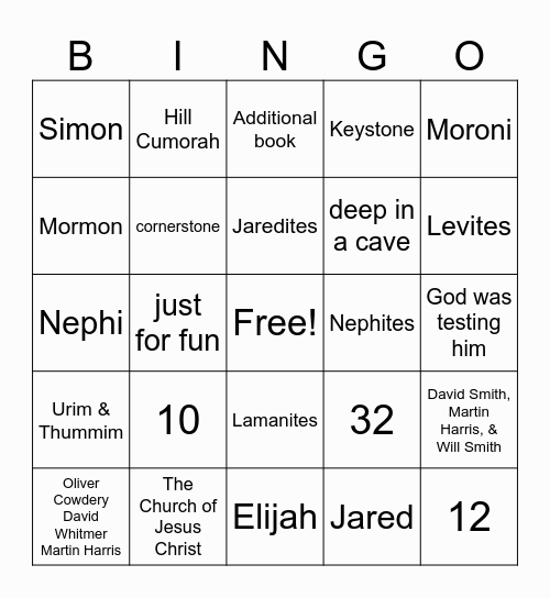 Sunday School Bingo Card