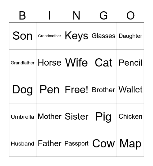 Vocabulary Review 1 Bingo Card