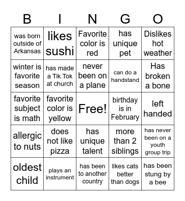 youth group bingo Card