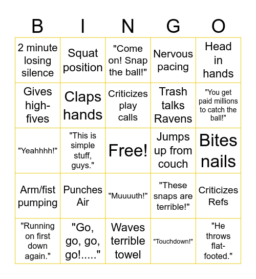 Steelers vs. Ravens Bingo Card