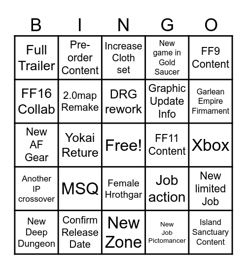 FF14 FanFest Bingo Card