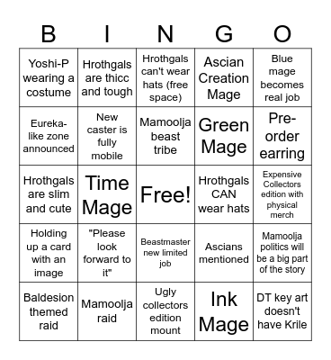 FFXIV Fan Fest Keynote Bingo Card