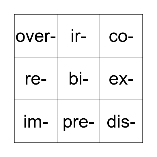 Prefix Bingo Card