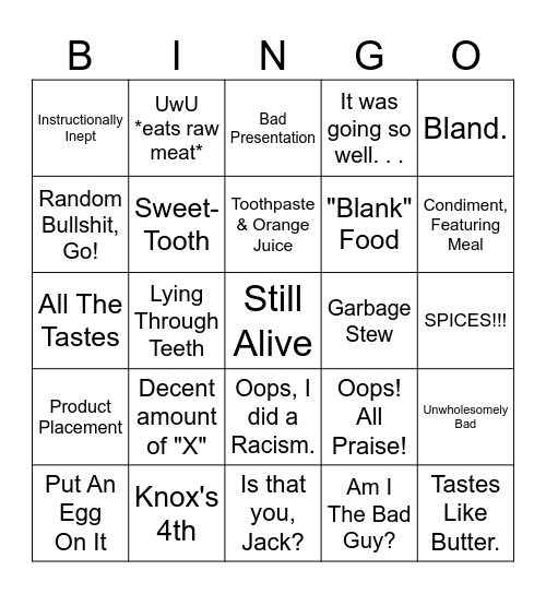 Bad Cooking Bingo by Spotteh and Brookie Bingo Card