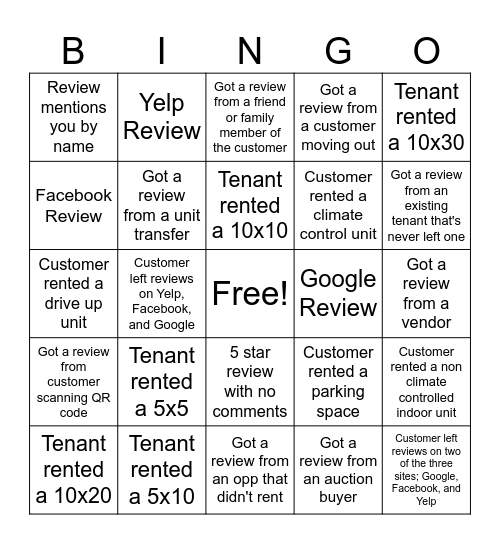 Reviews Bingo Card