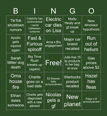 Charlie's 2024 Predictions Bingo Card