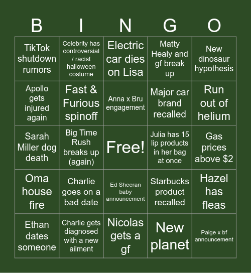 Charlie's 2024 Predictions Bingo Card