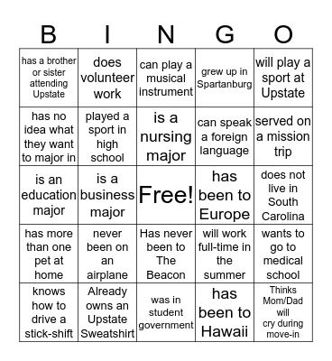 New Student Bingo!!! Bingo Card