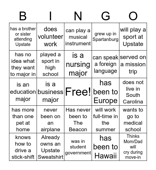 New Student Bingo!!! Bingo Card