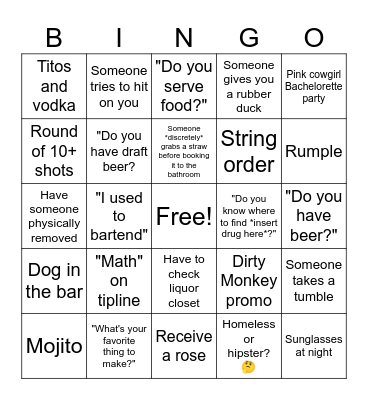 Bartender Bingo Card