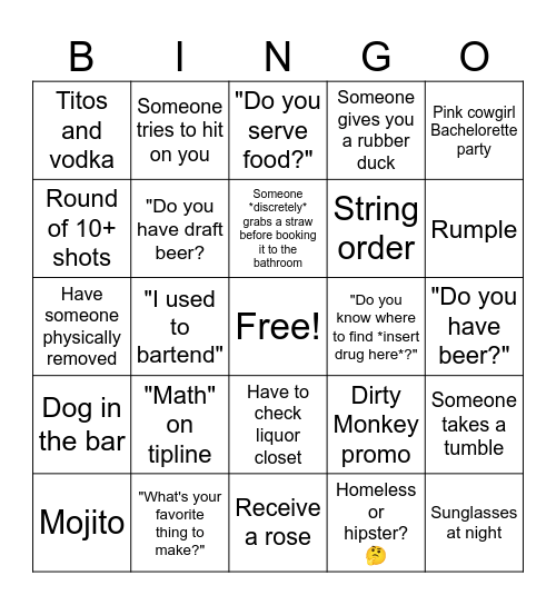 Bartender Bingo Card