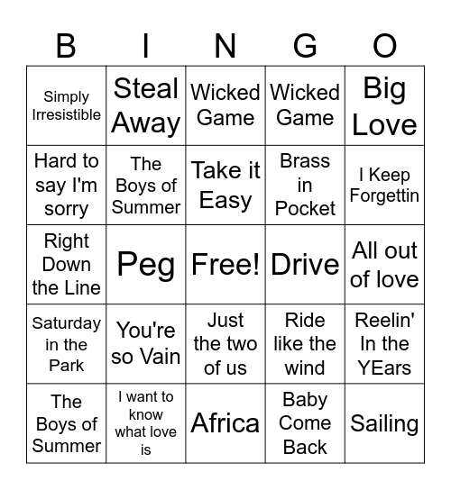 Yacht Rock Bingo Card