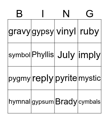 2 syllable Y as a vowel Bingo (pg.161) Bingo Card