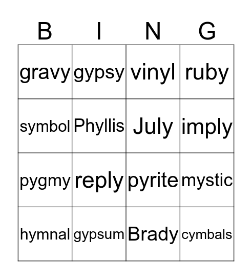 2 syllable Y as a vowel Bingo (pg.161) Bingo Card