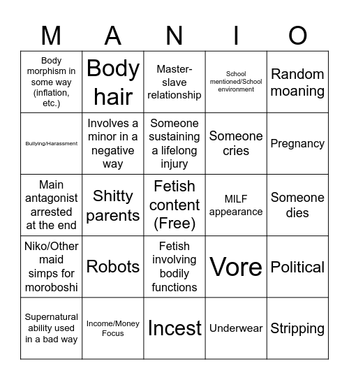 Mani Mani Bingo Card