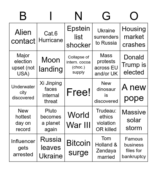 2024 Geo-political Predictions Bingo Card