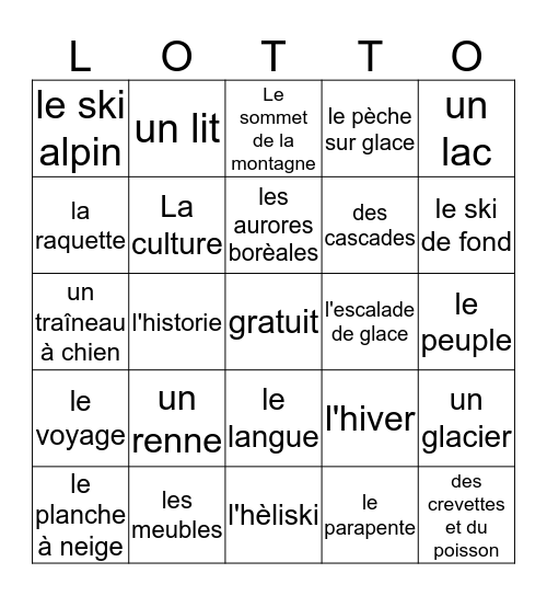 Destinations d'hiver  Bingo Card