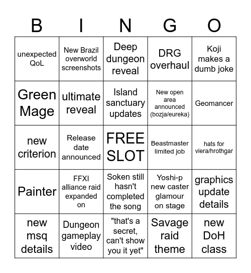 FFXIV Fanfest Keynote Bingo Card