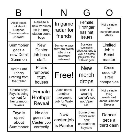 HANDLEBAR Final Fantasy 14 Bingo Card