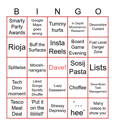 Dave Bingo Card