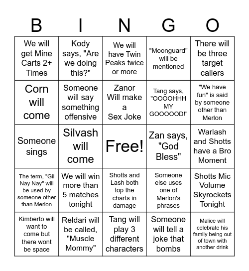 Saturday RBGS BINGO (7:11 p.m.) Bingo Card