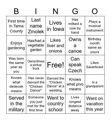 Zmolek Family Reunion Bingo Card