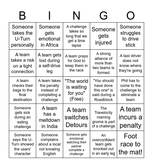 Amazing Race Bingo Card