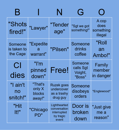 Chicago PD Bingo Card