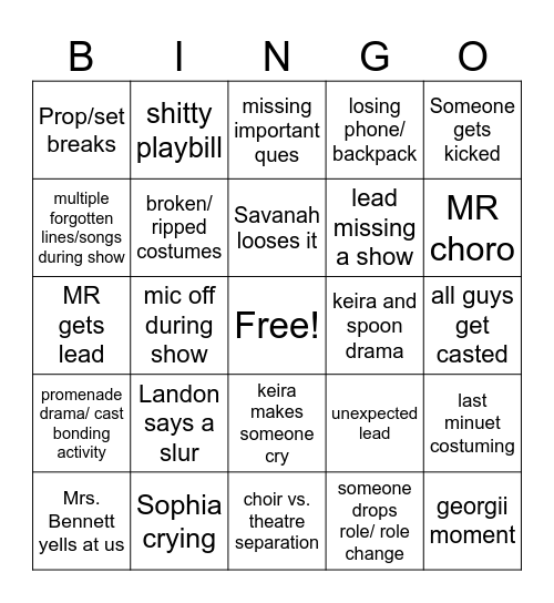 Grease musical bingo card Bingo Card