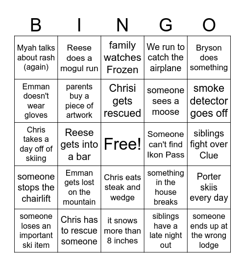 Conabellfer Family Ski Trip Bingo Bananza! Bingo Card