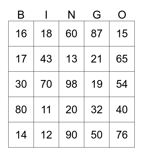 Number Bingo Card