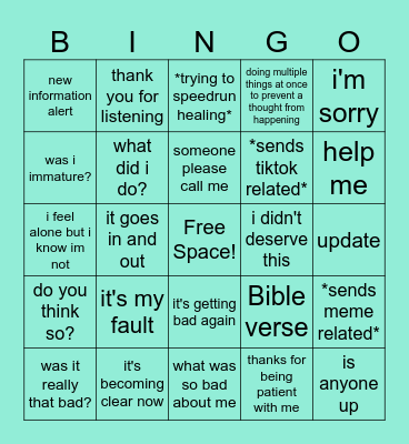 Dori's Breakup Bingo Card