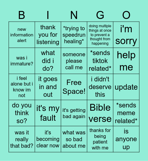 Dori's Breakup Bingo Card