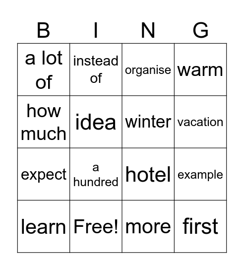 The Ice Hotel Vocabulary Bingo Card