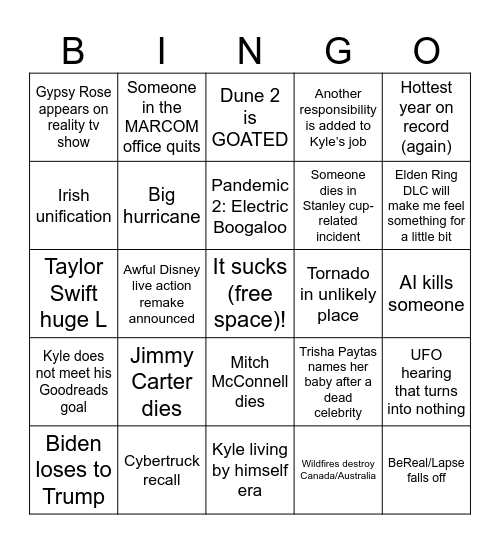 Kyle’s 2024 Bingo Card