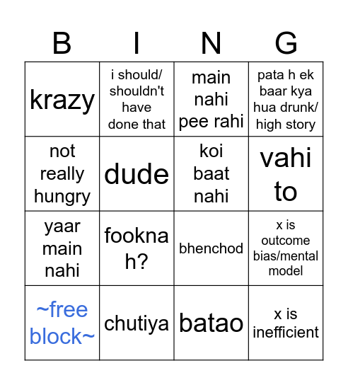 Things Suhani Says Bingo Card