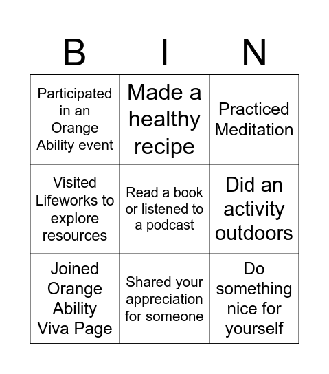 Orange Ability Bingo Card
