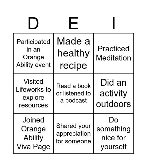 Orange Ability Bingo Card