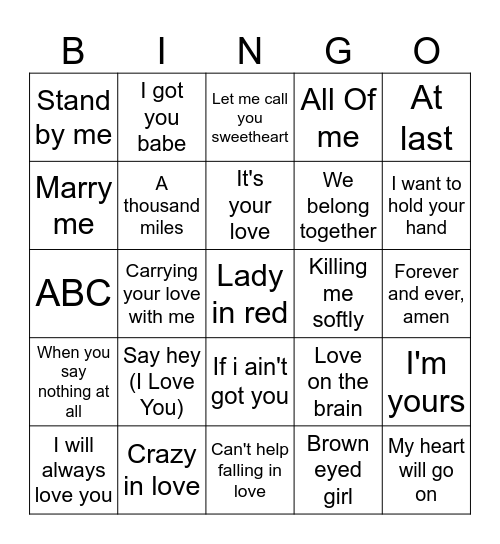 Valentines Music Bingo! Bingo Card