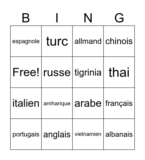 langues françaises Bingo Card