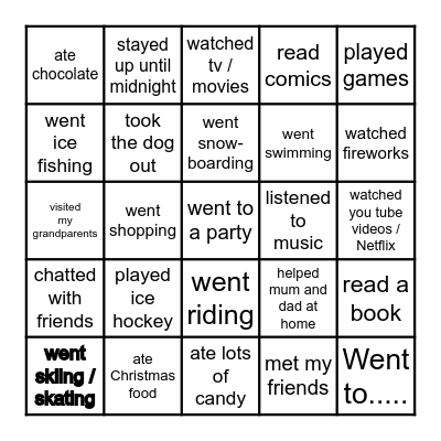 What did you do at Christmas break? Bingo Card