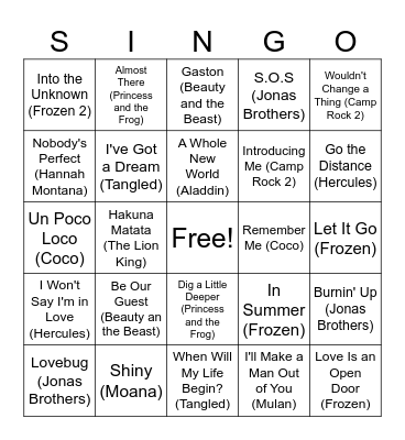 Disney SINGO!  Bingo Card