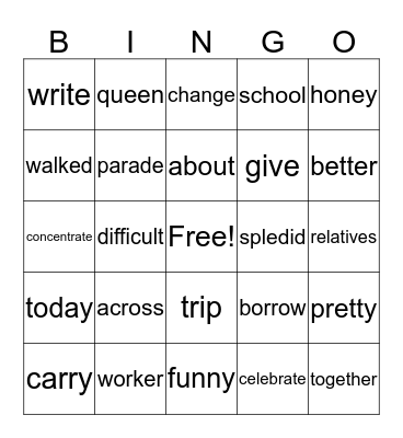 Sight Word Bingo Card