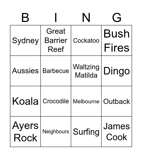 Australia Bingo Card