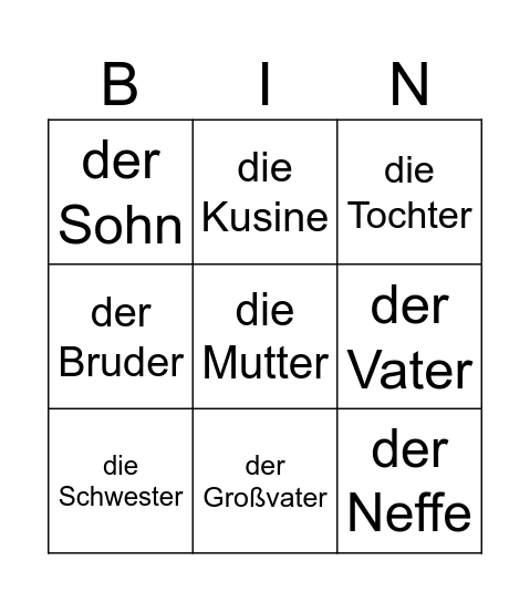 Familie: Wortschatz Bingo Card