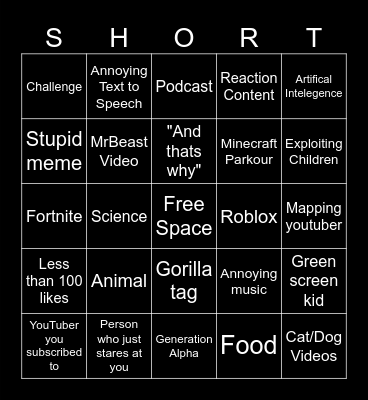 Youtube Shorts Bingo Card