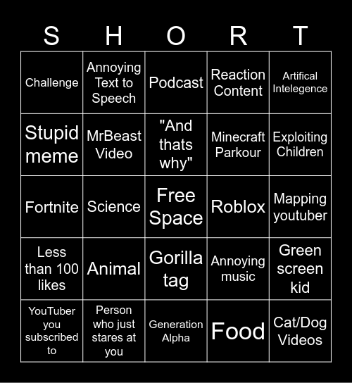 Youtube Shorts Bingo Card