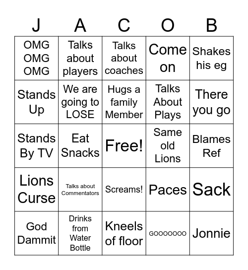 Jacob Football Bingo Card
